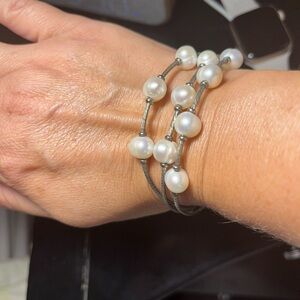Cultured Fresh Water Pearl Bangle Bracelet Sterling Silver magnetic closure